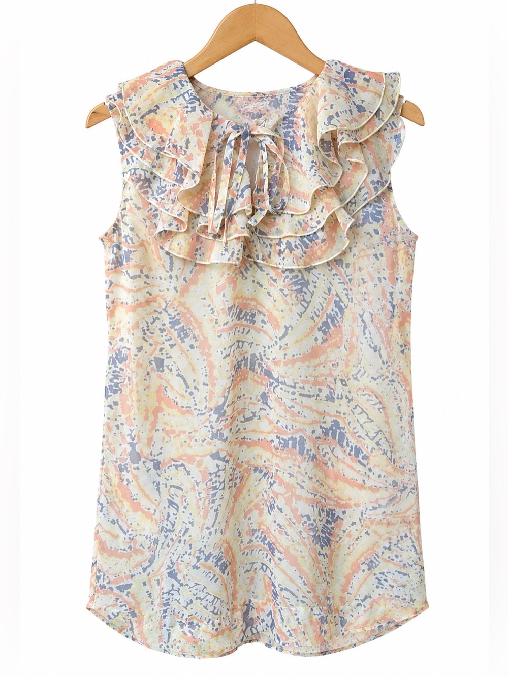 Cabi Flashback Tunic Blouse Small 837 Ruffle Tie Neck Sleeveless Abstract Sheer